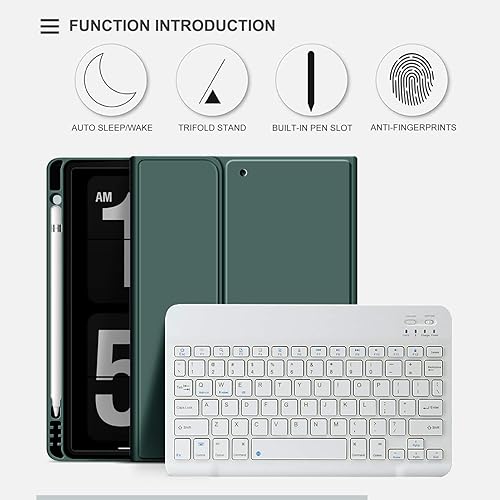 Miniatura 90 de aoub Funda para iPad de 9ª/8ª/7ª generación de 10.2 pulgadas, funda de teclado Bluetooth inalámbrica desmontable, funda trasera de TPU suave