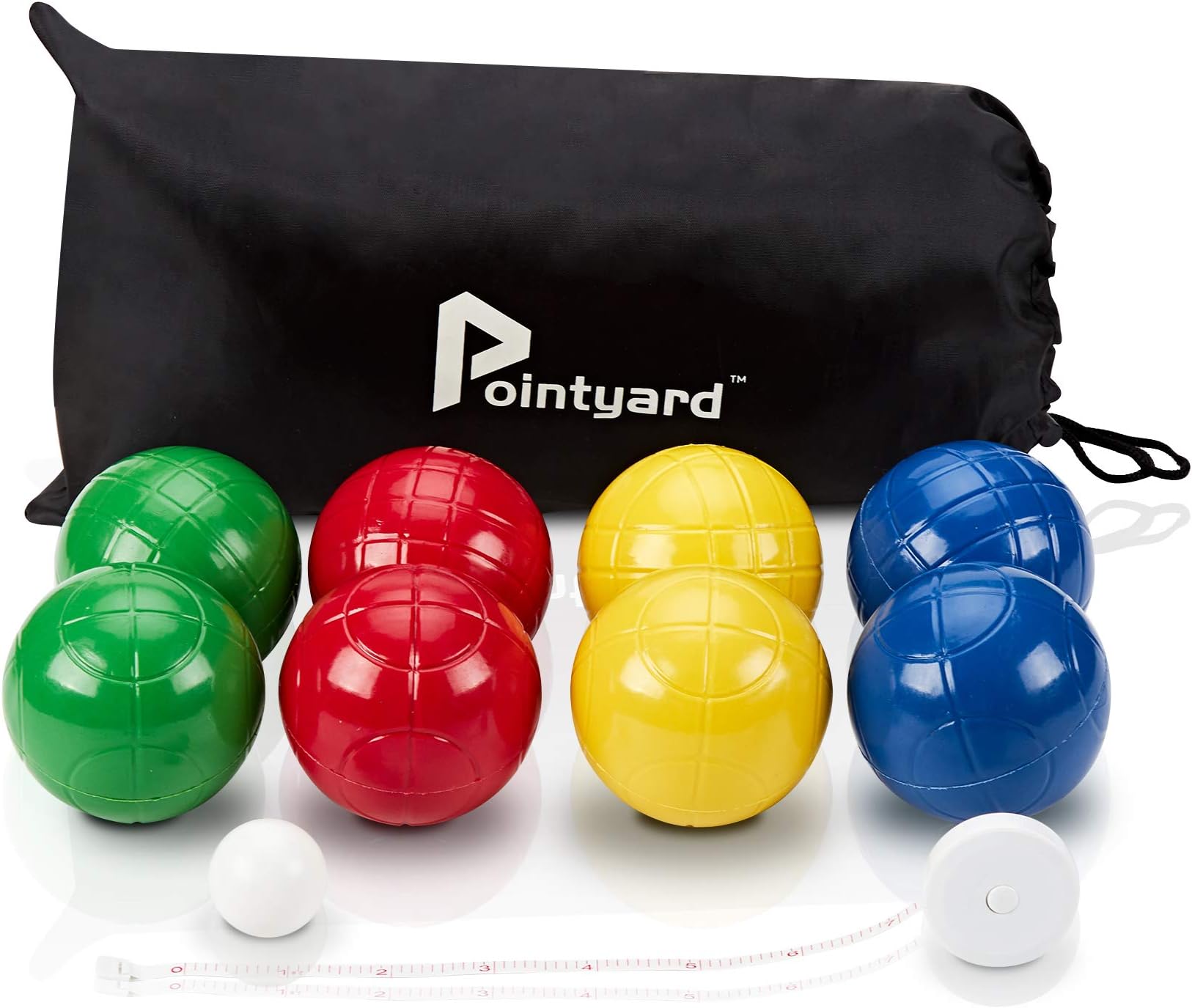 Pointyard 90mm Bocce Ball Set with 8 PE Balls, 1 Pallino, Carrying Bag, Measuring Tape - Family Game for Outdoor/Lawn/Beach/Park