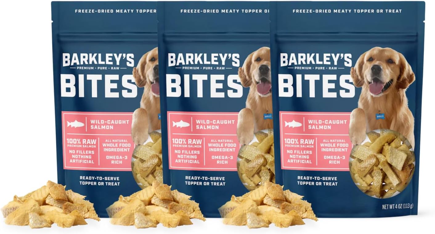 Barkley’s Bag Salmon Bites, Freeze Dried Dog Treats and Food Topper, Made with Wild-Caught Salmon, Bite-Sized Whole Pieces for Training Rewards, for All Dog Breeds, Ages & Sizes, 4 Oz Bag (3 Pack)