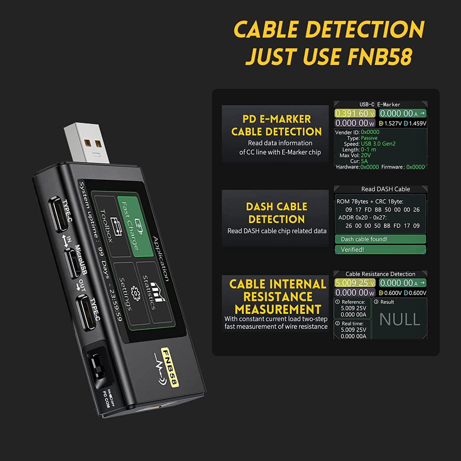 FNB58 Testeur USB, Testeur de de VoltmèTre NuméRique USB Type-C Protocole de Charge PD DéTection de DéClenchement Max 7A