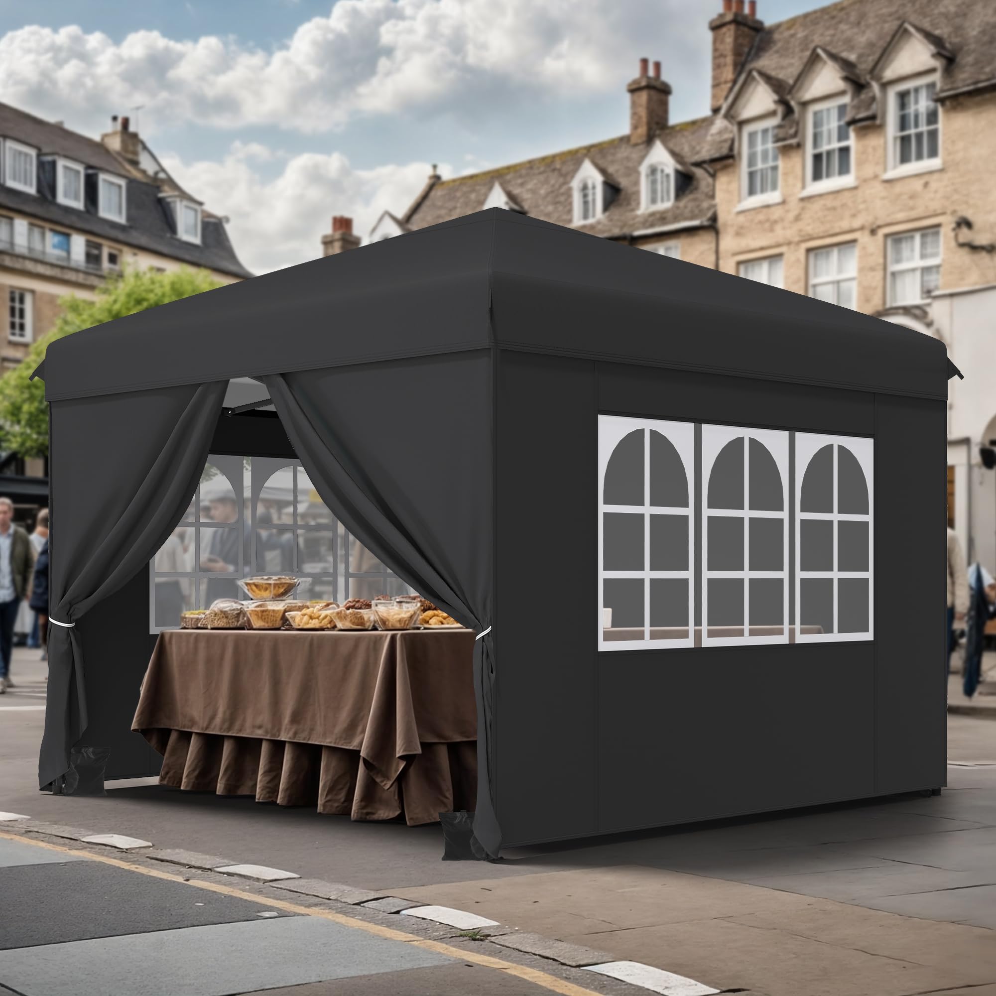 YITAHOME 3 x 3 m Outdoor Pop Up Gazebo with Side Folding Gazebo, Waterproof Foldable Garden Gazebo for All Seasons, Camping Gazebo, Anti-UV with Free Height Adjustable Party Markets