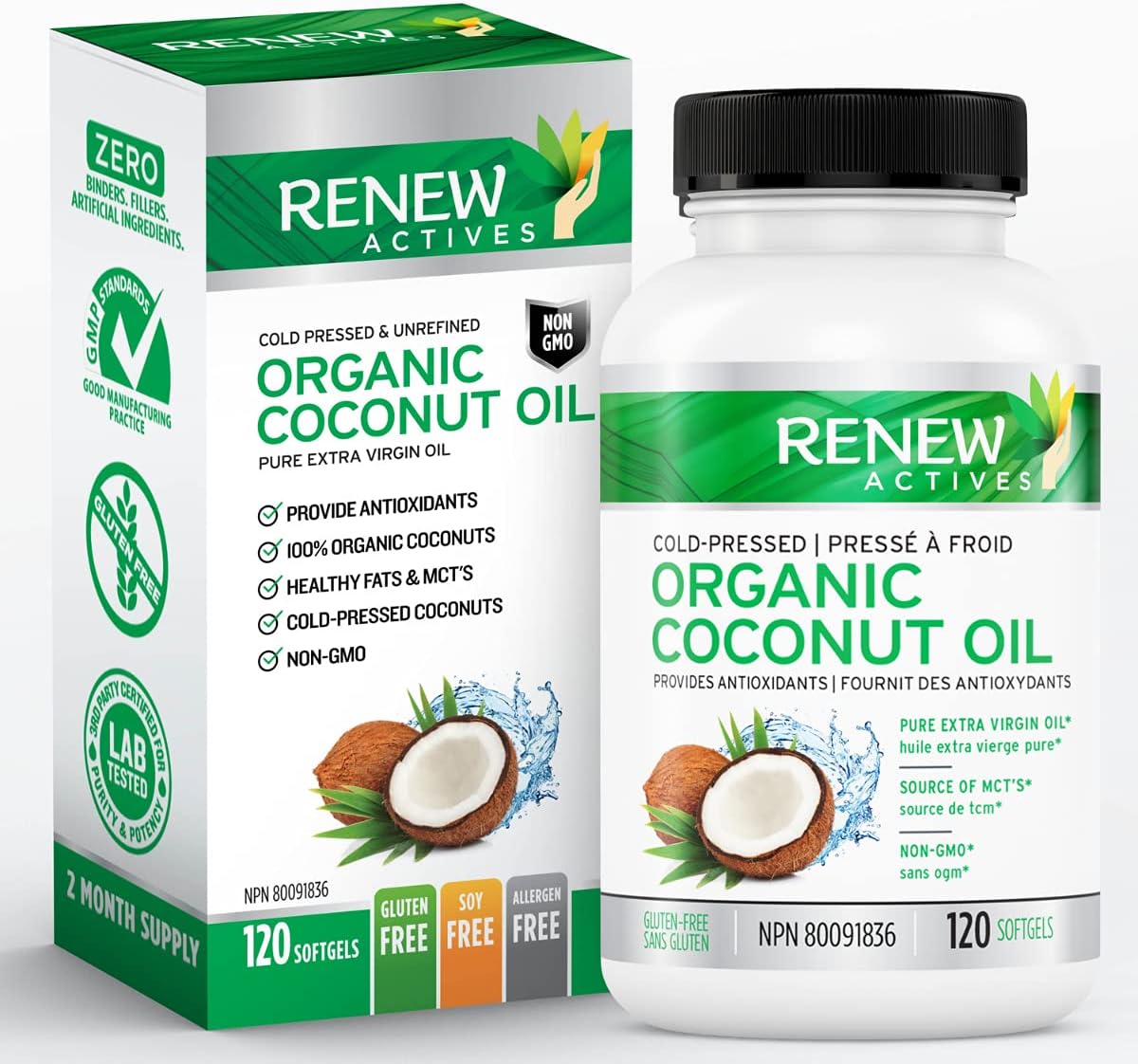 Renew Actives Coconut Oil Supplement 2000MG per 2 Softgels - Premium Source of Antioxidants, Natural Fatty Acids & Metabolism Support for Optimal Health & Energy - Made in Canada - 120 Softgels