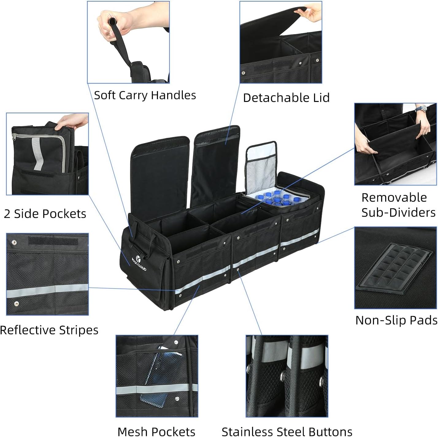 ROCK CLOUD Car Trunk Organizer with Cooler Bag Vehicle Organizers Storage Multi Compartments Collapsible for Auto SUV Truck Minivan Sedan