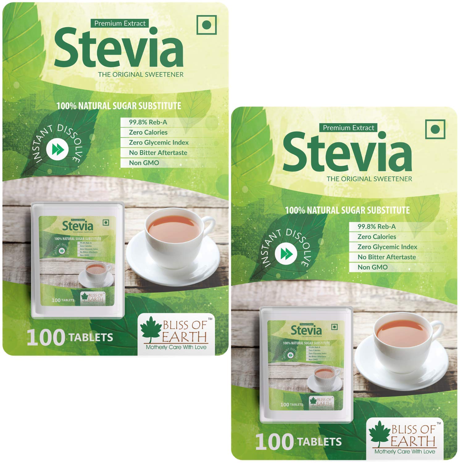 Bliss of Earth 99.8% REB-A Purity Stevia Tablets Sugarfree Pellets, Zero Calorie Keto Sweetener, Quick Dissolve 2X100 Tablets