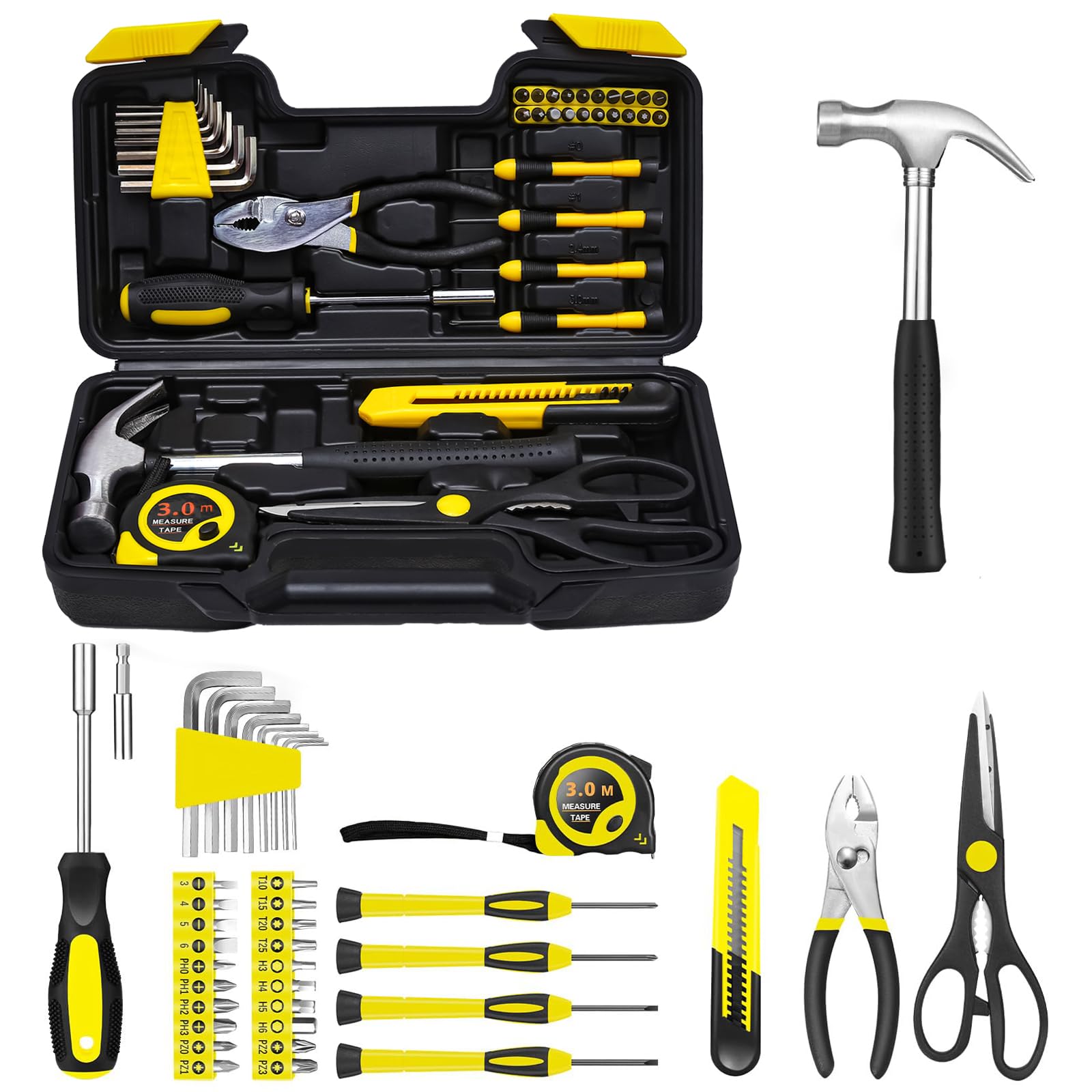 39 Piece Tool Set General Household Tool Kit - Basic Home Tool Set Small Hand Tool Kit with Plastic Toolbox Storage Case for Home Garage Office College Dormitory Use Yellow
