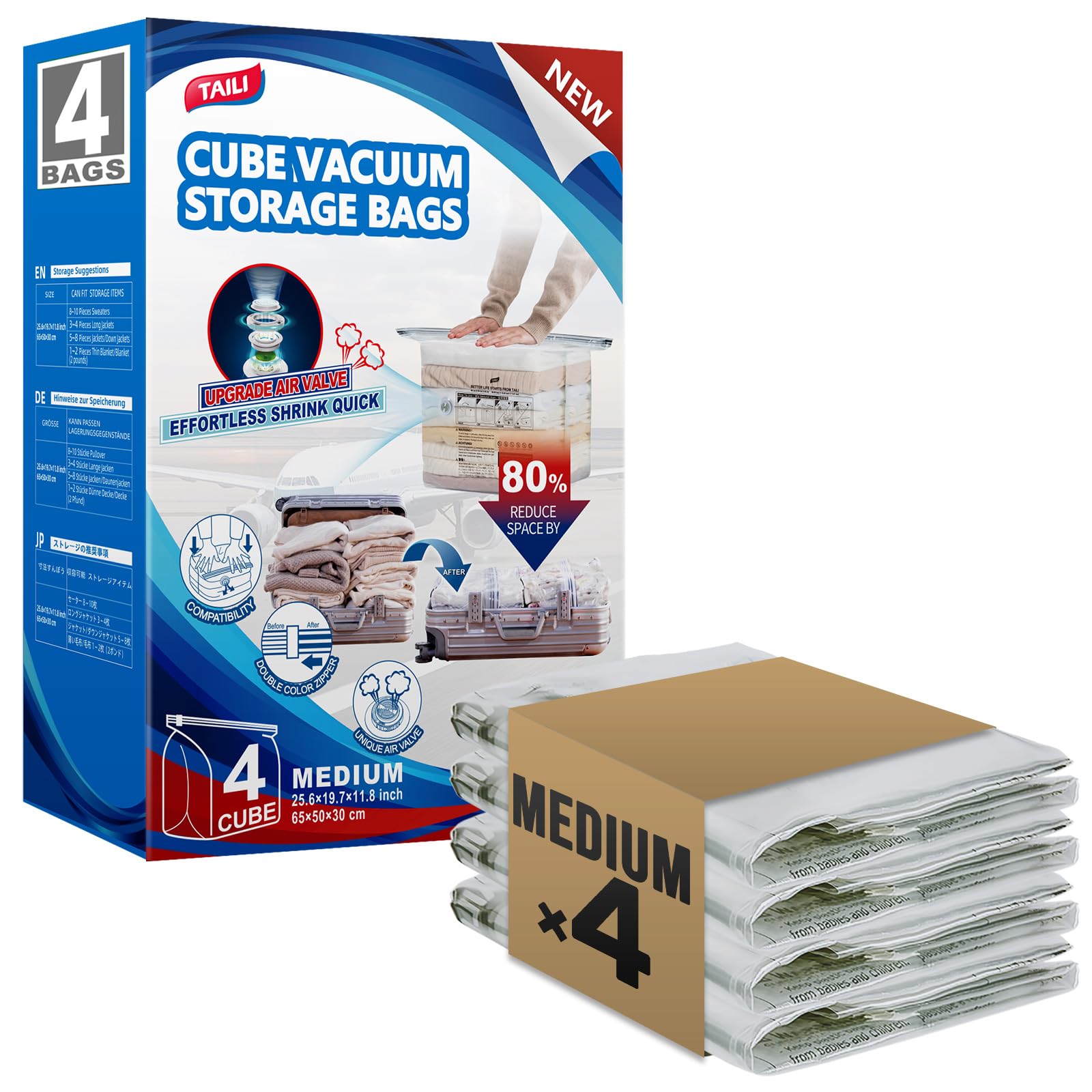 TAILI 4 Pack Vacuum Storage Bags, Medium Cube (25x19x11 Inch), Clear
