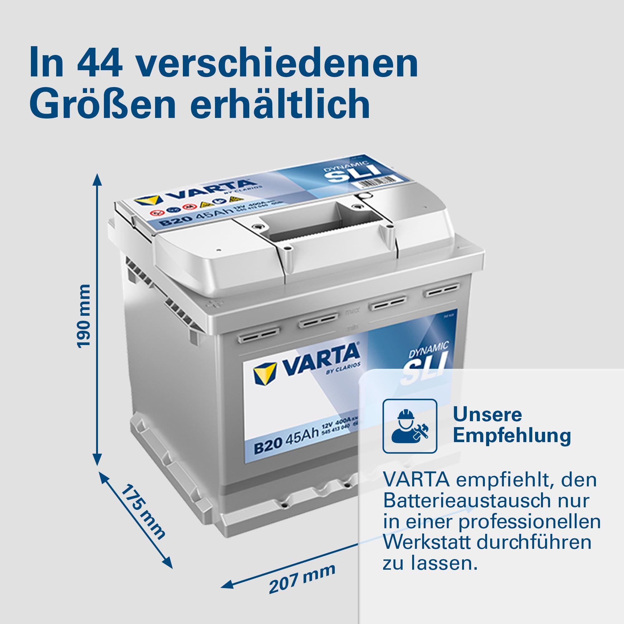 VARTA Automotive DYNAMIC SLI (B20) 12V 45Ah 400A - Nassbatterie KFZ mit Standardausstattung & ohne Start-Stopp System - Starterbatterie für einfachen Energiebedarf - Bleisäurebatterie wartungsfrei