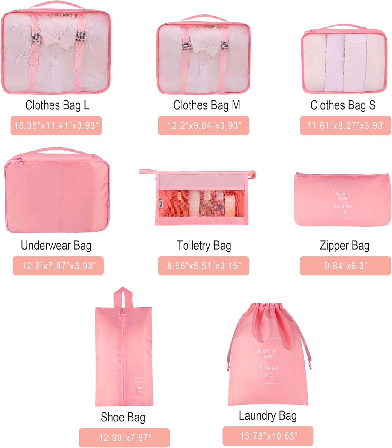 Vercord 8 Set Travel Packing Pods Luggage Organizers Cubes with Laundry Bags Accessories