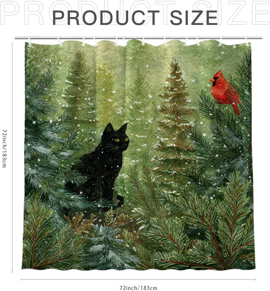 Black Cat with Cardinal Bird Winter Shower Curtain Snow Tree Christmas Bath Curtain Home Bathroom Decor 72x72 Inch with 12 Hooks