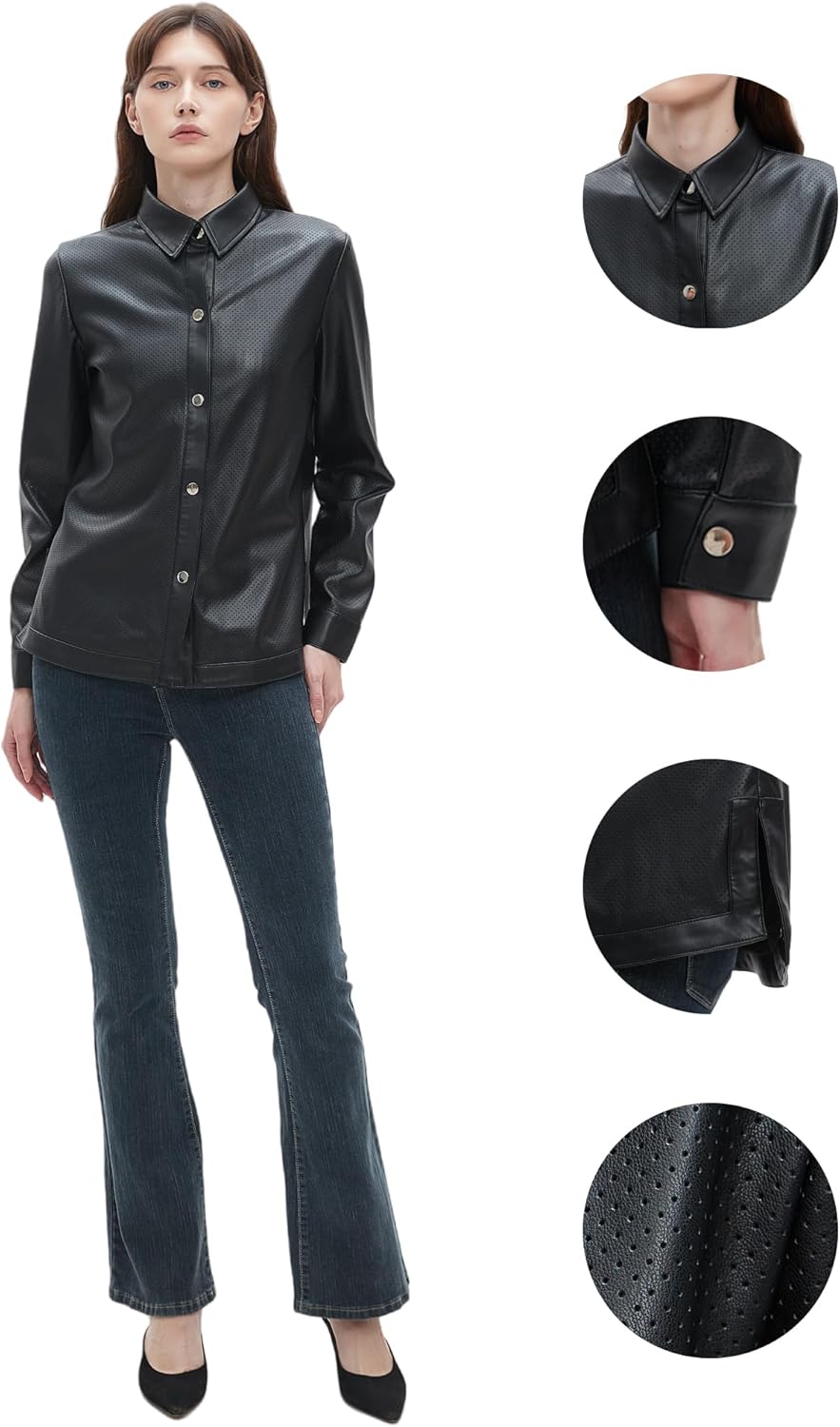 Beinia Women's Long Sleeve Pu Faux Leather Button Down Shirts, Stylish Office Work Blouse Tops Jacket, Snap Button - Image 6