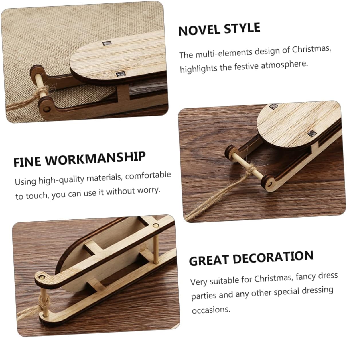 3pcs Mini Wood Sleigh Tabletop Ornament Wood Xmas Decor