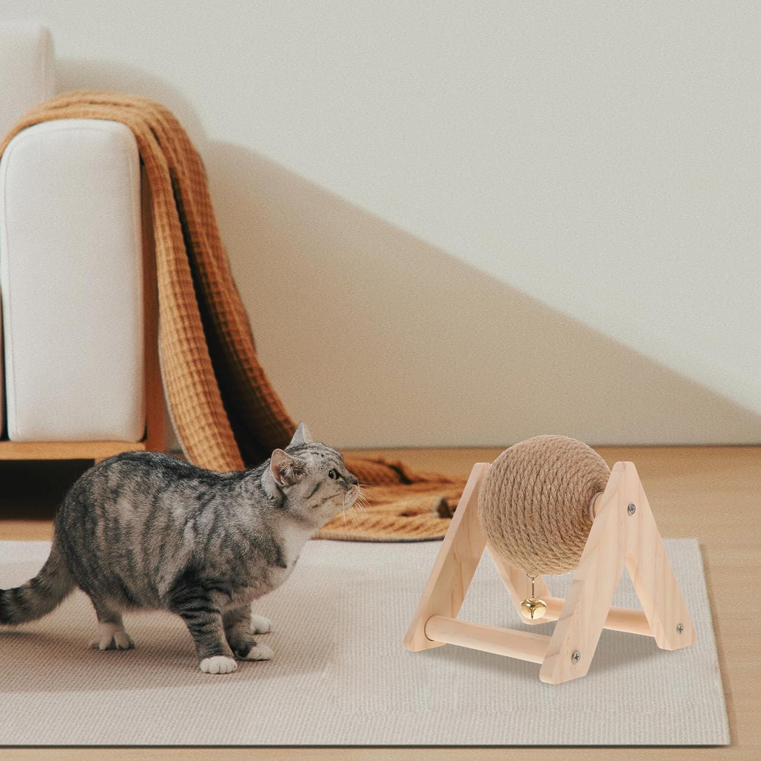 POPETPOP Rabbit Scratching Globe Toy - Natural Wood Sisal Kitten Scratch Ball with Bell Toy, Rabbit Scratching Toy for Indoor Cats, Rabbits Small Animals, Chewing and Grinding Toy