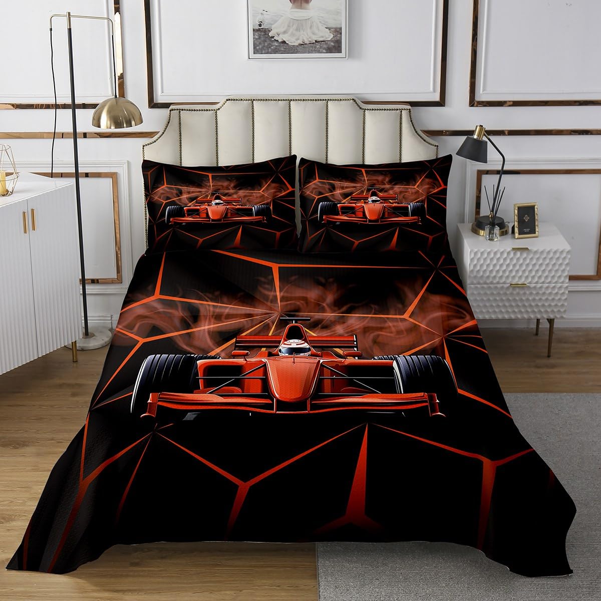 jejeloiu Race Car Bedspread King Size Boys Speed Sports Car Coverlet Set for Kids Girls Teens Orange Black Geometry Quilted Coverlet Breathable Extreme Sports Bedroom Decor