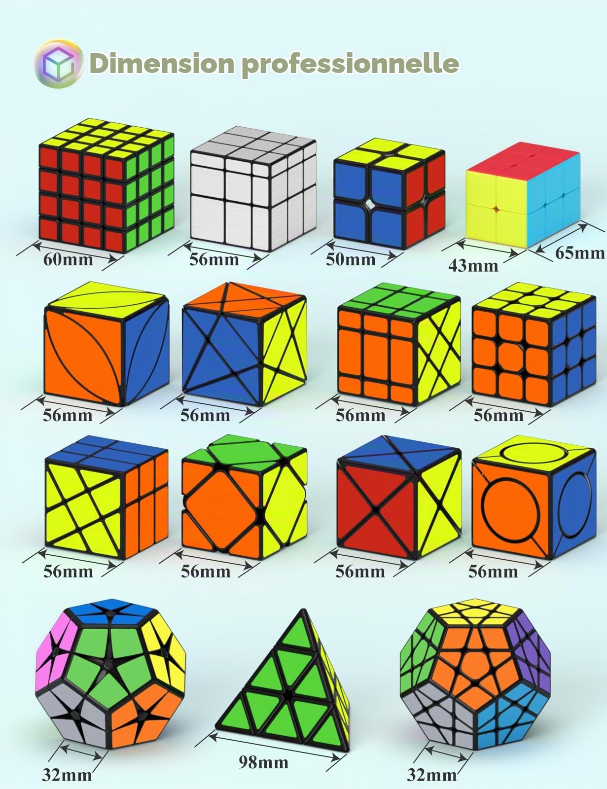 ROXENDA Set de Cube de Vitesse incluant Dodécaèdre Cube et Cube Pyramide - Excellente qualité et Mouvement Fluide, idéal pour améliorer la Concentration et l'agilité mentale (15 Pièces)