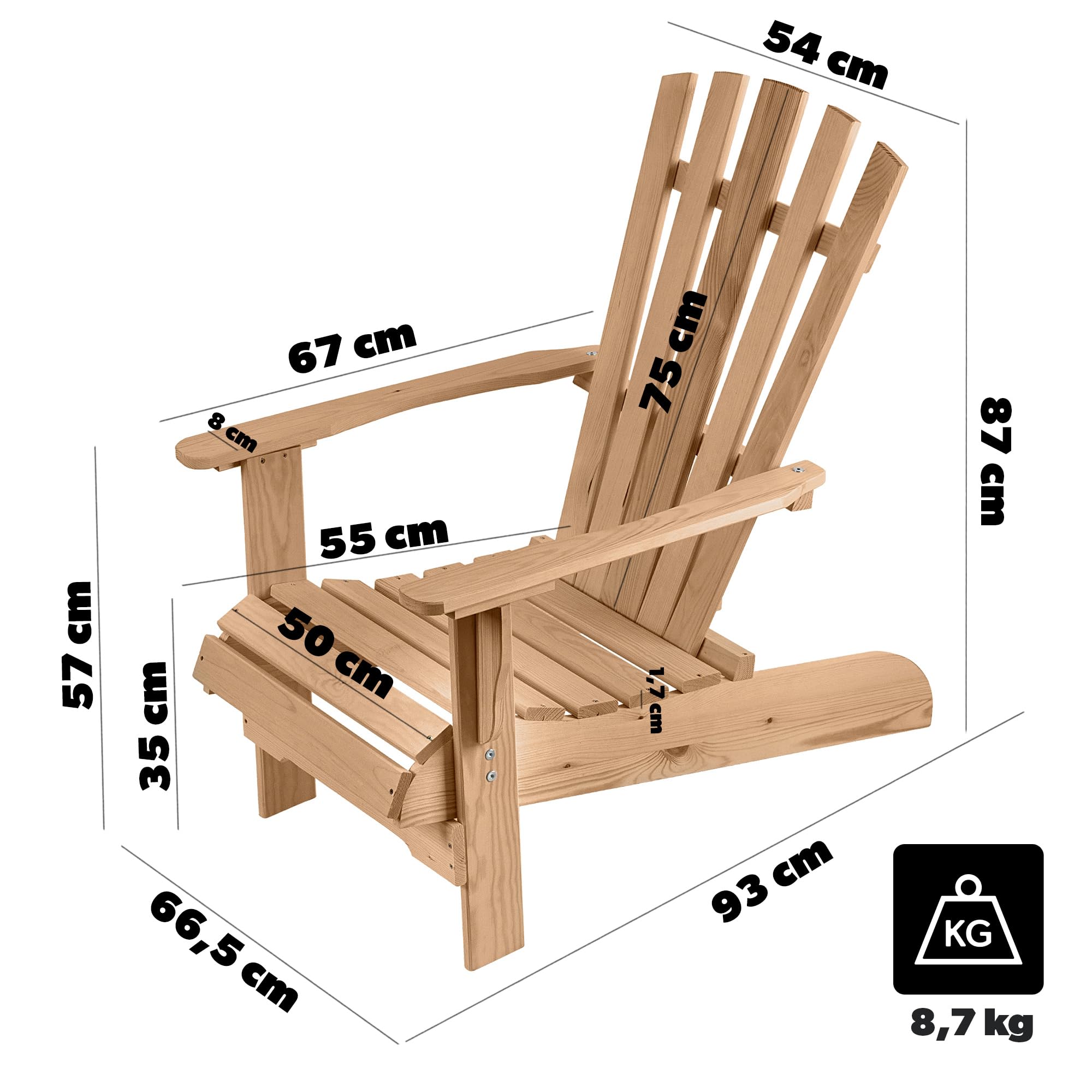 KADAX Adirondack - Sedia da giardino in legno, con schienale alto e braccioli, sedia relax, per esterni, in legno (scuro)