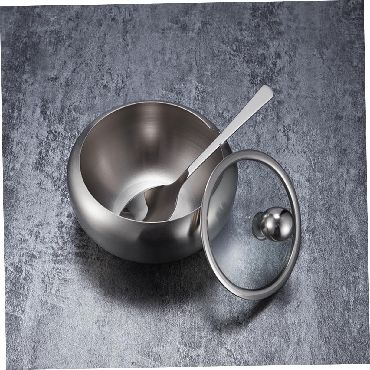 Azucarero de acero inoxidable con tapa de cristal, recipiente de metal para condimentos, tarro de especias de grado 304, almacenamiento duradero de cocina para azúcar, especias y condimentos