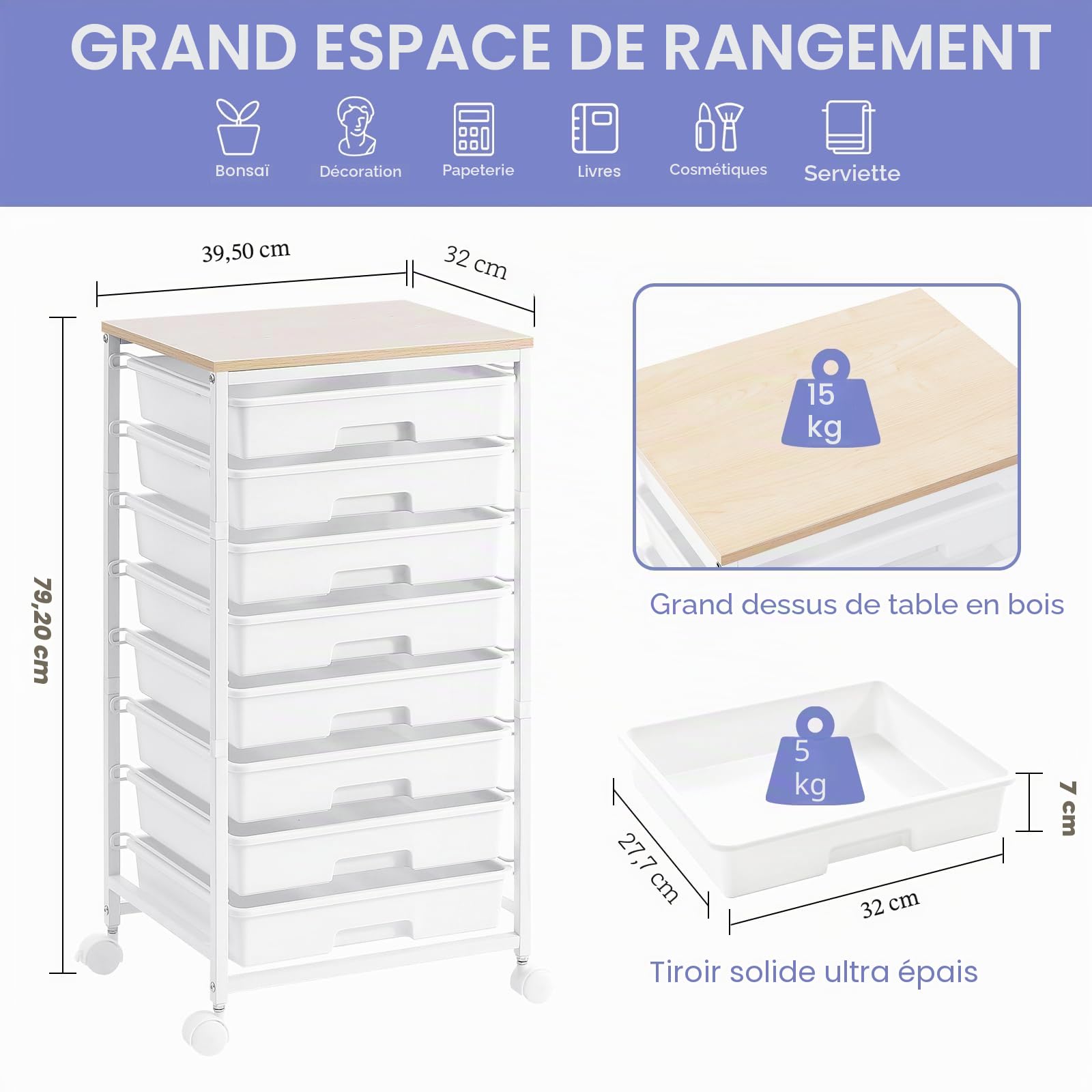 SYKIARIOL Chariot de rangement utilitaire à 8 tiroirs, chariot de rangement utilitaire sur roues verrouillables avec tiroirs en plastique, unité de rangement mobile multifonction pour salon, chambre