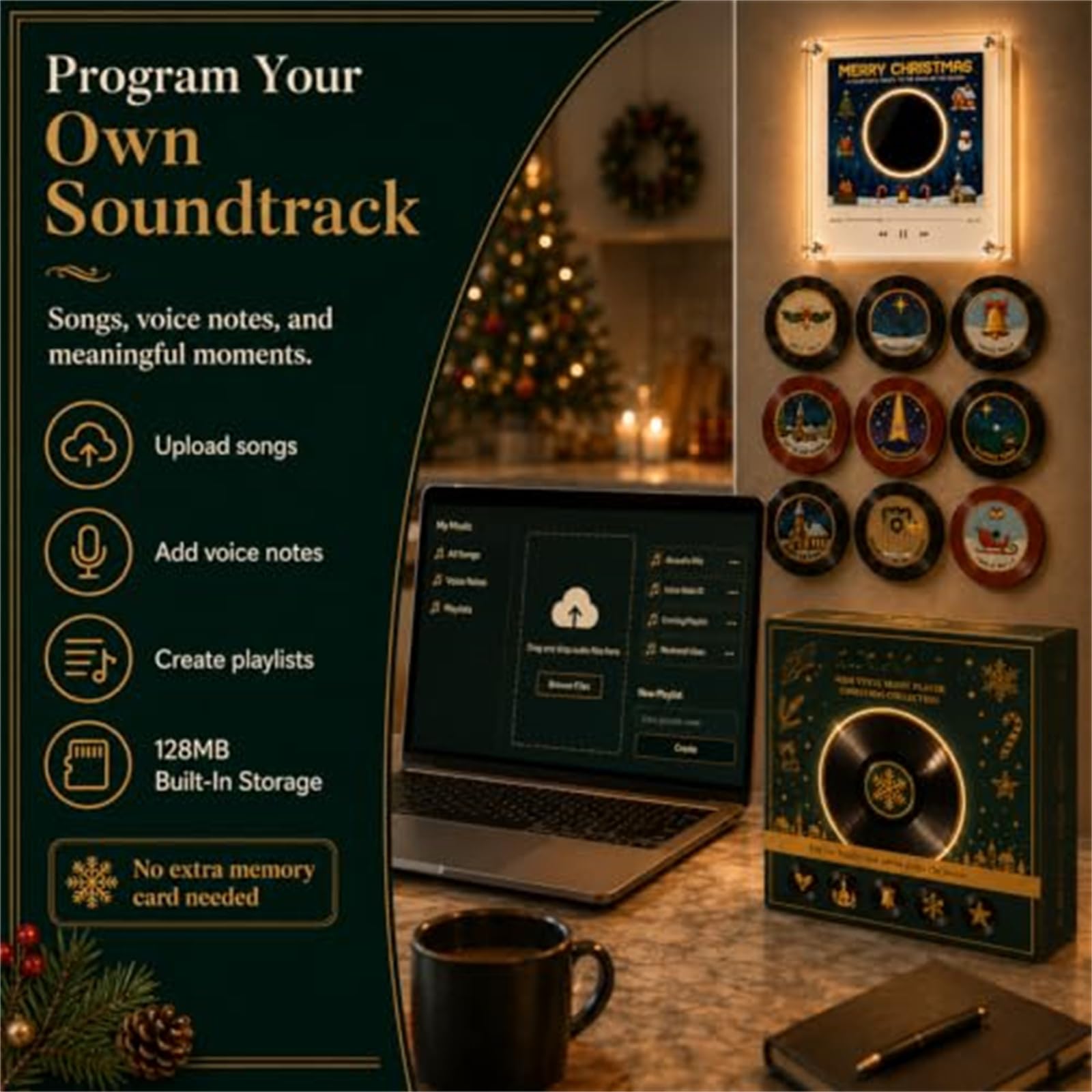 Mini Reproductor de Vinilo navideño con 9 Discos, imán para Nevera (#A)