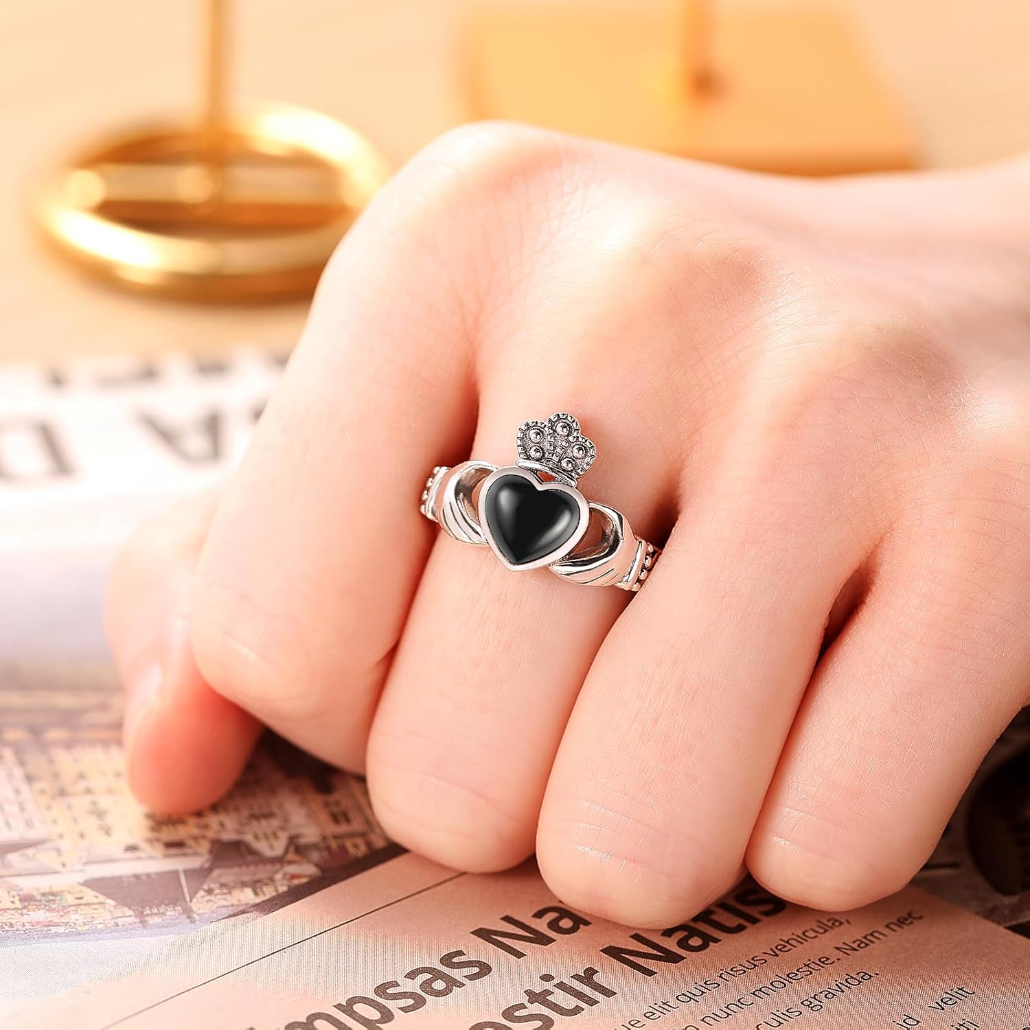 Heart Black Onyx Claddagh Rings 925 Sterling Silver Celtic Knot Ring Black Onyx Rings for Women Statement Engagement Ring Irish Jewelry Gifts Fit Women Size 8 - Image 4