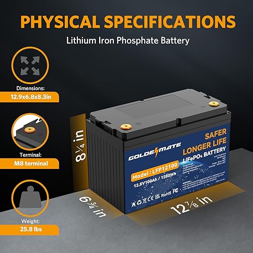 Miniatura 7 de GOLDENMATE Batería de litio LiFePO4 de 12 V 100 Ah (paquete de 2), hasta 15000+ baterías recargables de ciclo profundo, BMS integrado de 100 A,