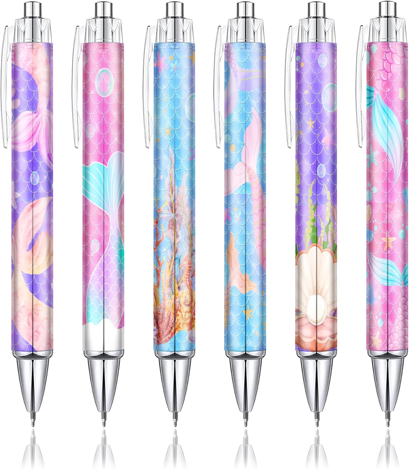 6 Pcs Mermaid Ballpoint Pens for Girls, 0.5 mm Cute Mermaid Black Ink Fancy Pens for Ocean Lovers, Fun Stationery Gift for Journaling