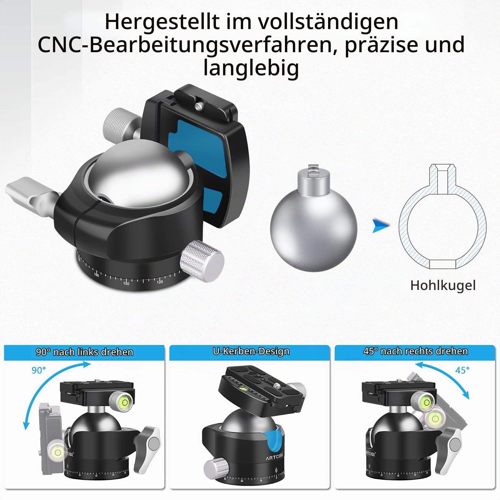 ARTCISE Niedrigprofil-Kugelkopf, 56mm Metall Panorama-Stativkopf kompatibel mit Arca 1/4" Schnellwechselplatte für Stativ, Einbein, Slider, DSLR-Kamera, Camcorder, Tragfähigkeit: 40kg