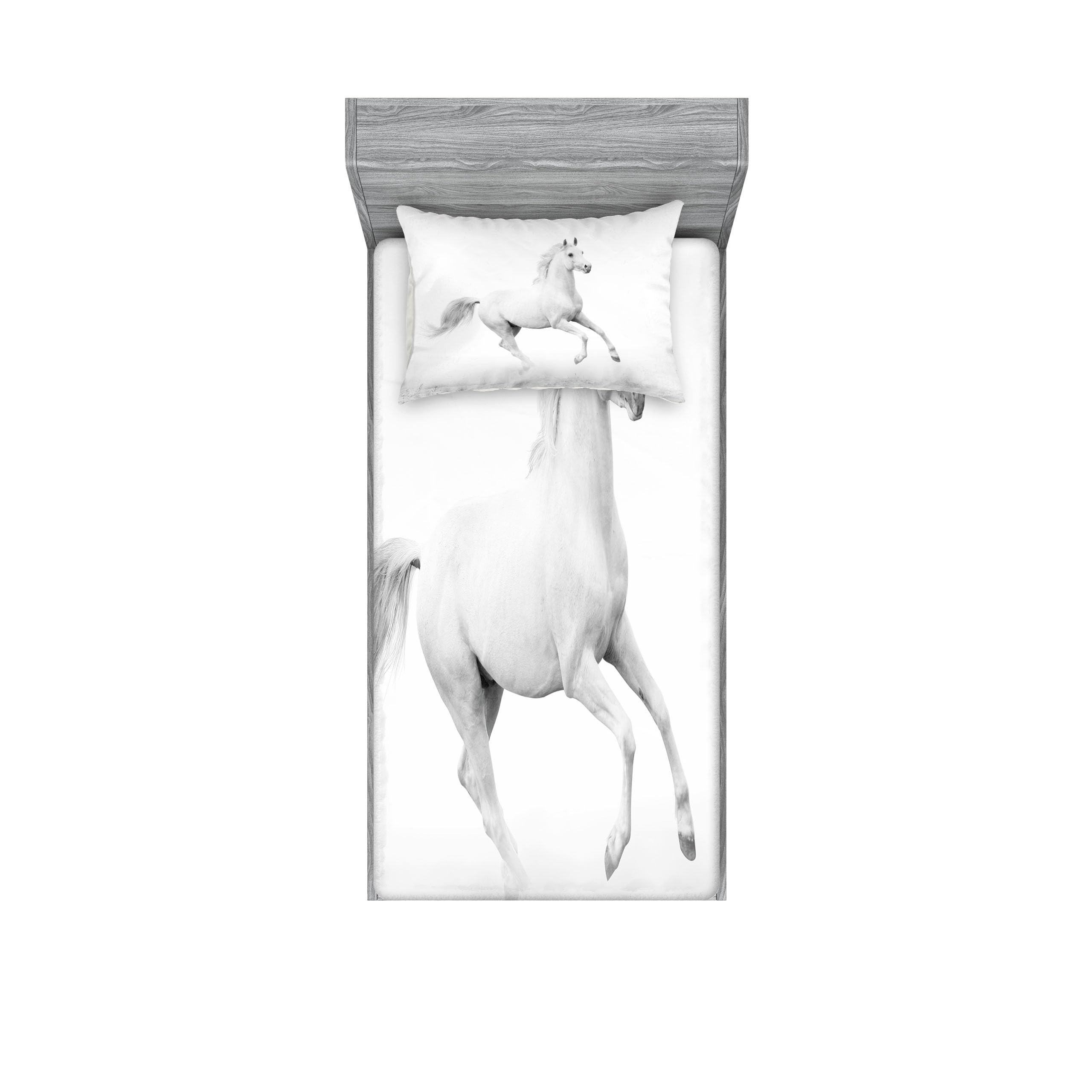 Ambesonne Black and White Fitted Sheet & Pillow Sham Set, White Stallion Running Horse Galloping Motion Speed Print, Decorative Printed 2 Piece Bedding Decor Set, Twinxl, White and Black