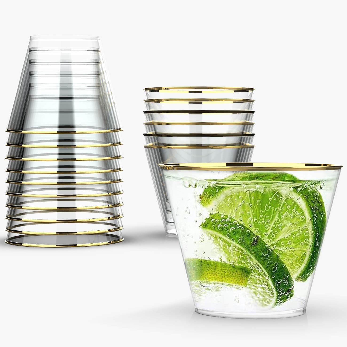 Saturnus 100 Gold Plastic Cups - 9 Ounce Disposable Clear Plastic Cups with Gold Rim - Elegant Party Cups for Weddings, Events, Dining and Pool Parties - Plastic Tumbler Glasses with Golden Trim