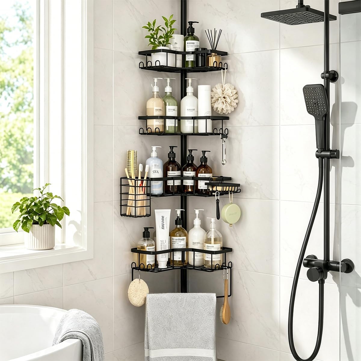 DTUQYX Corner Shower Caddy Tension Pole, 4-Tier Adjustable 43.5-120 Inch Rustproof Bathroom Organizer, L-Shaped Metal Shelf with Soap Toothbrush Holder & Upside-Down Bottle Slots for Home Apartment RV