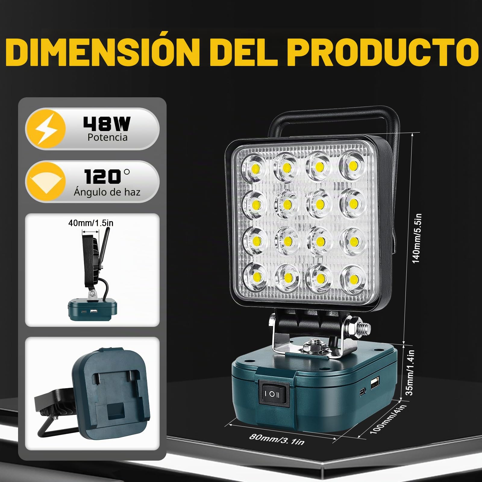 SKYWORLD Luz de trabajo LED inalámbrica para batería Bosch de 18 V, 48 W, 4800 lm, reflectores portátiles para iluminación de camping de bajo voltaje al aire libre, taller, garaje, lugar de trabajo