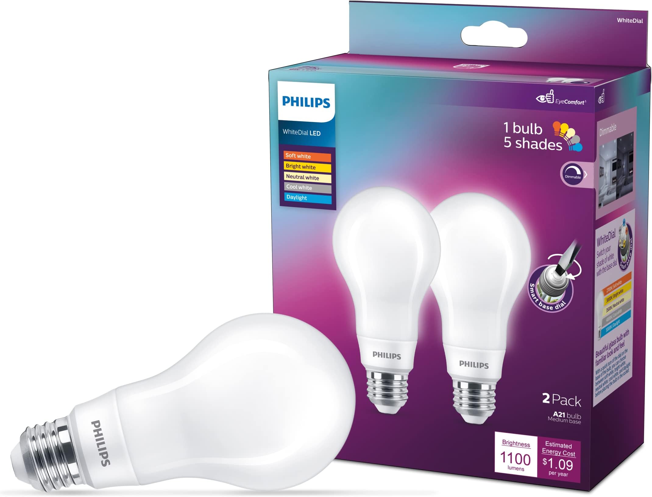 PHILIPS LED 75W A21 2-Pack WhiteDial Multi-CCT (5000K) 1100 Lumen (9W = 75W) Dimmable Clear Flicker-Free Light Bulbs