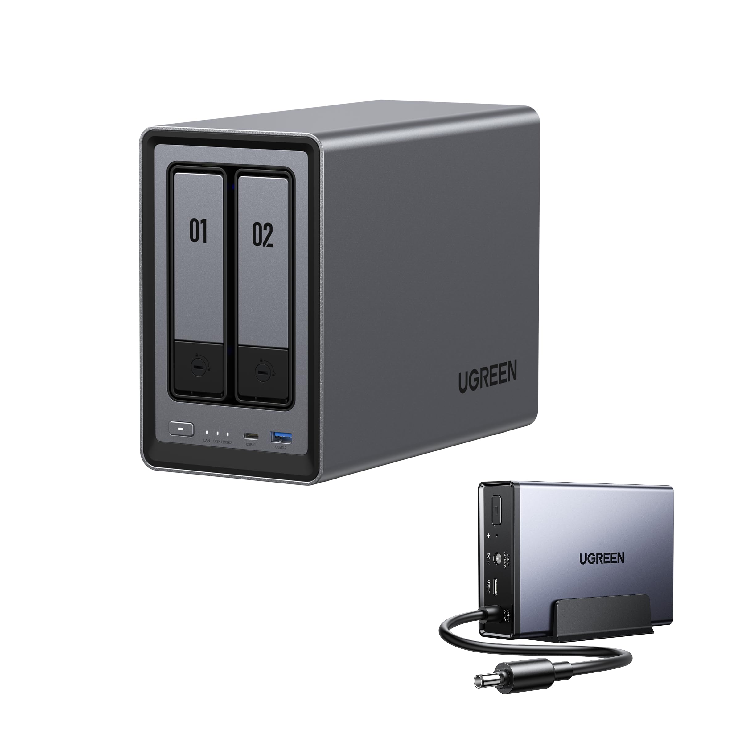 UGREEN NASync DXP2800 + UPS, Respaldo de batería CD 120W, NAS de Escritorio de 2 bahías, CPU Intel N100 de Cuatro núcleos, 8 GB de RAM DDR5, 2,5 GbE, 2 Ranuras M.2 NVMe, HDMI 4K (Sin Disco)