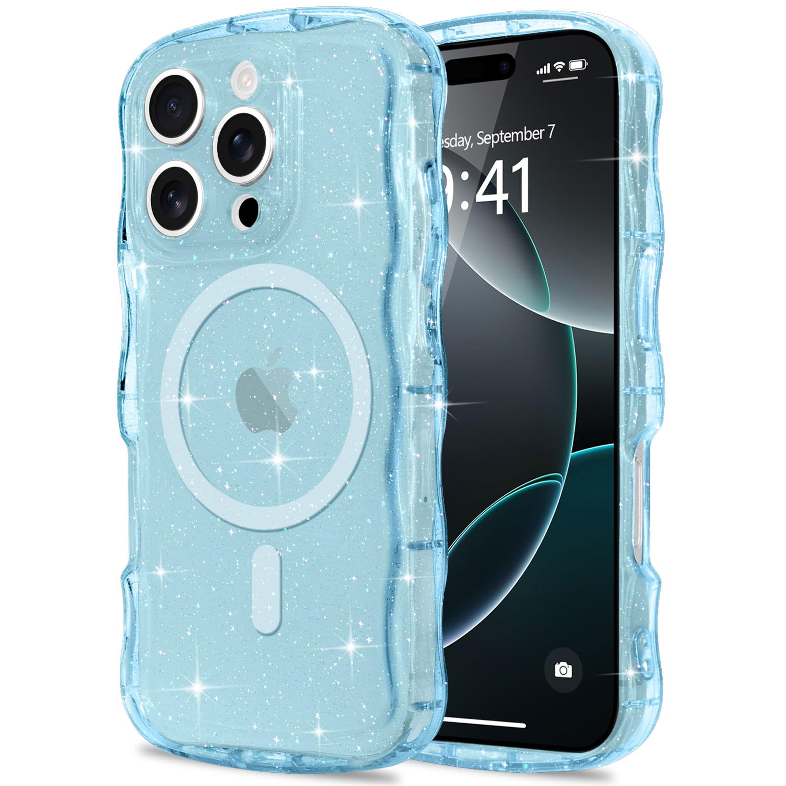 Pepmune Magnetic for iPhone 16 Pro Max Case Clear, Sparkly Bling Glitter Cute Curly Wave Cover for Women Men Compatible with MagSafe TPU Shockproof