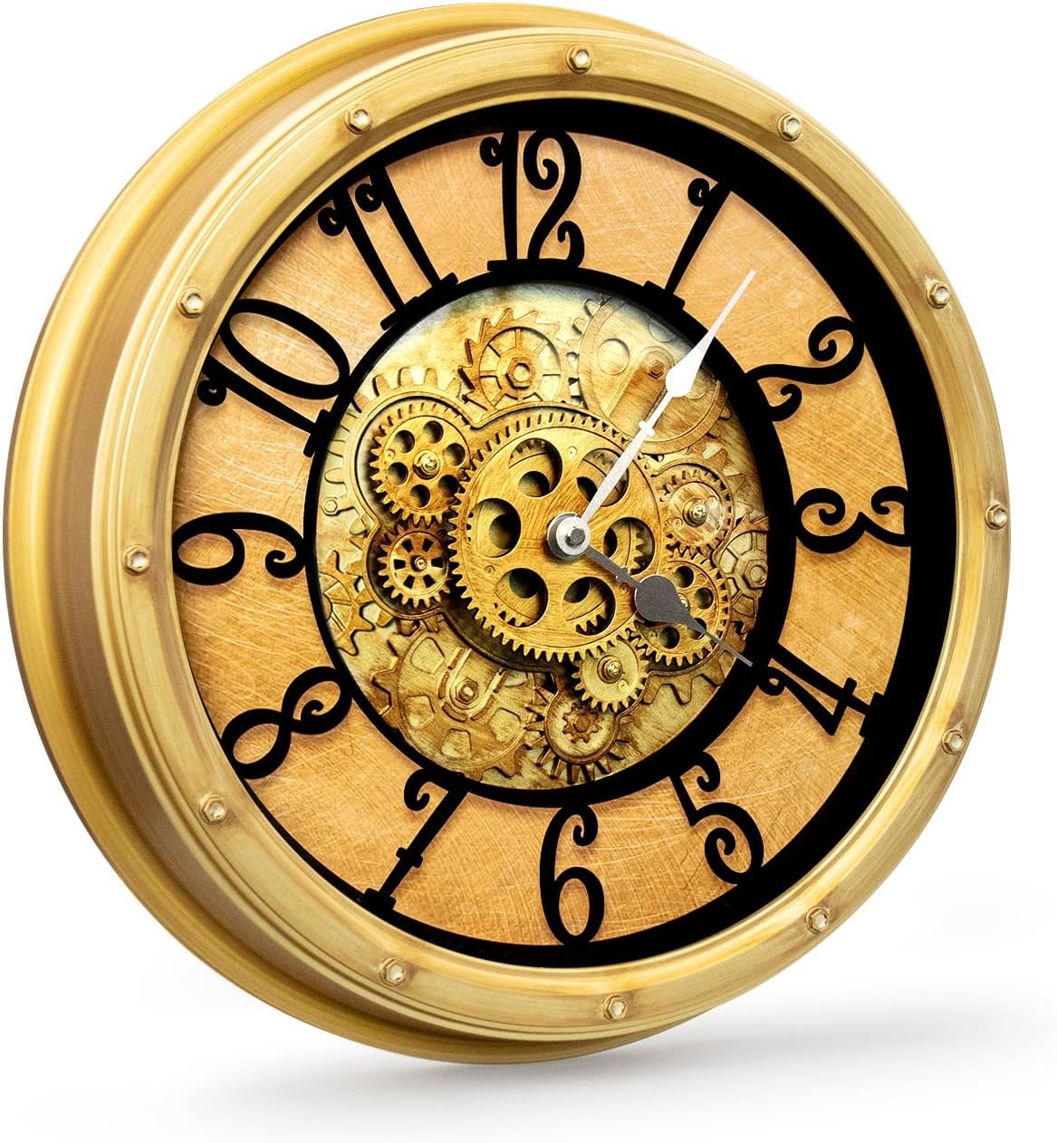 Wall Clock with Moving Gears, Vintage Industrial 16-Inch Silent Non-Ticking Steampunk Timepiece, Retro Frame Analog Battery Operated, Rustic Mechanical Decor for Living Room, Home, Office, Loft(Gold)
