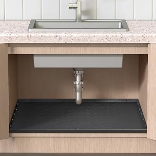 Premium Silicone Under Sink Mat - Waterproof 36 Inch Cabinet Liner - Resilient and Pliable Under Sink Tray with Drain Hole - Safeguard Your Cabinets from Moisture, Scratches - Large 34 x 22 Inch Size