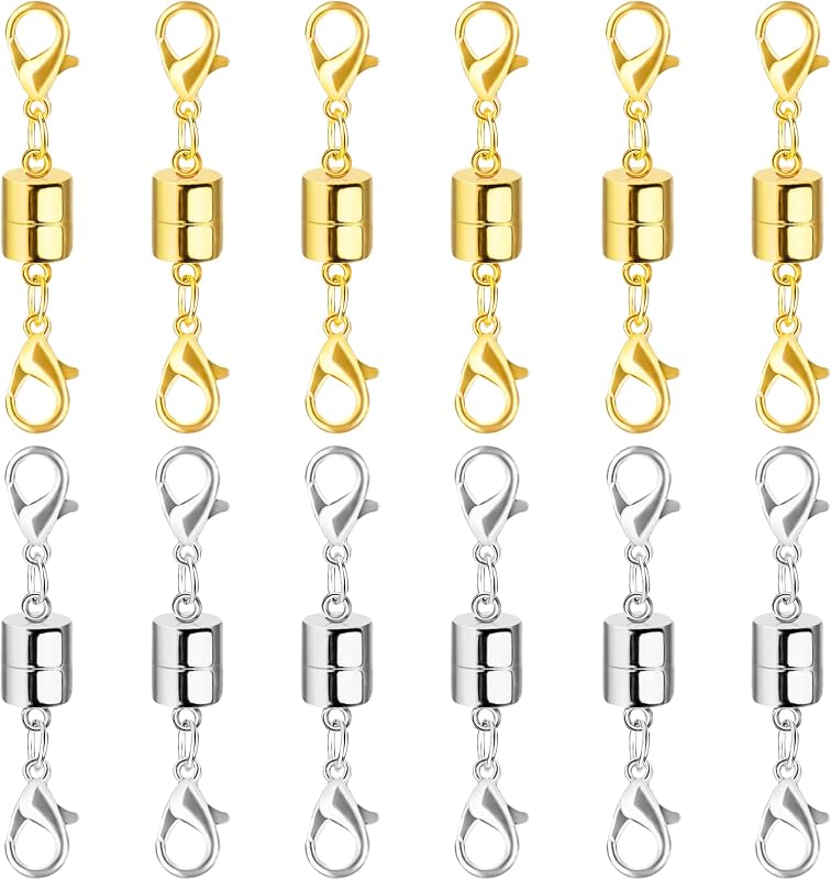 Magnetic Necklace Clasp and Closures with Double Lobster Clasp, 14K Gold and Silver Necklace Extenders for Women Jewelry Magnetic Clasps for Necklaces, Bracelet Necklace Extender(12PCS)