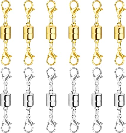 Magnetic Necklace Clasp and Closures with Double Lobster Clasp, 14K Gold and Silver Necklace Extenders for Women Jewelry Magnetic Clasps for Necklaces, Bracelet Necklace Extender(12PCS)