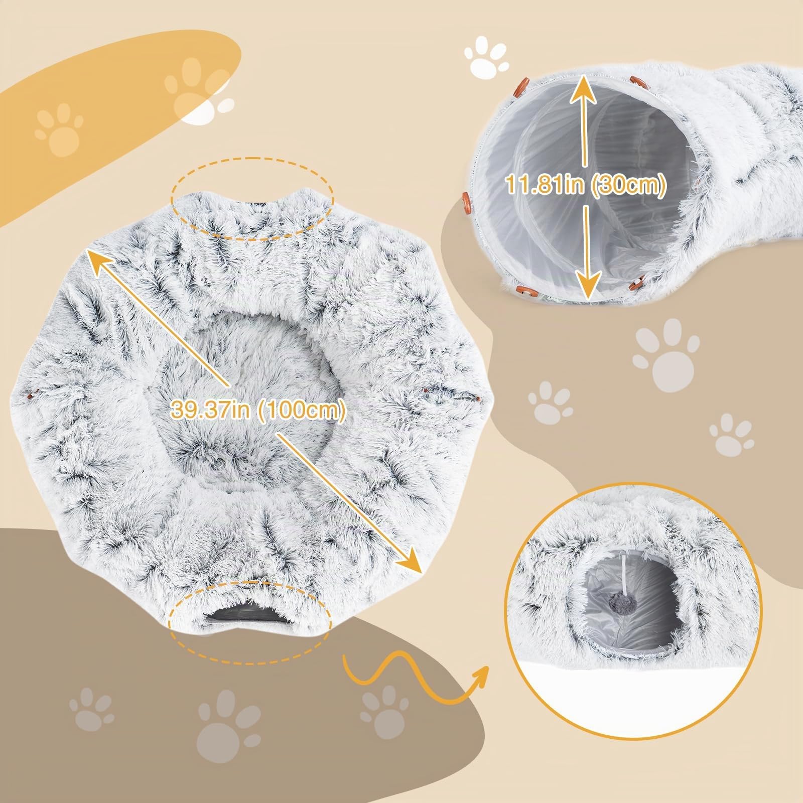 Avont Grand Tunnel Chat avec Coussin Central 100cm(L)*30cm(H), Jouet Doux pour Chat, Lit Rond Multifonction Caché Tunnel pour Chat -Gris