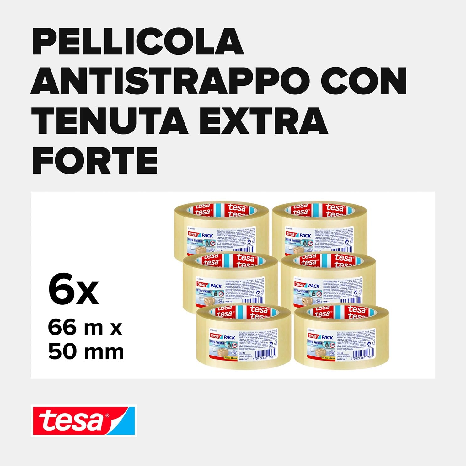 Tesa 6 Rotoli Nastro Da Imballaggio In PVC – 50 Mm X 66 M, Trasparente, Extra Resistente Per Cartoni E Traslochi