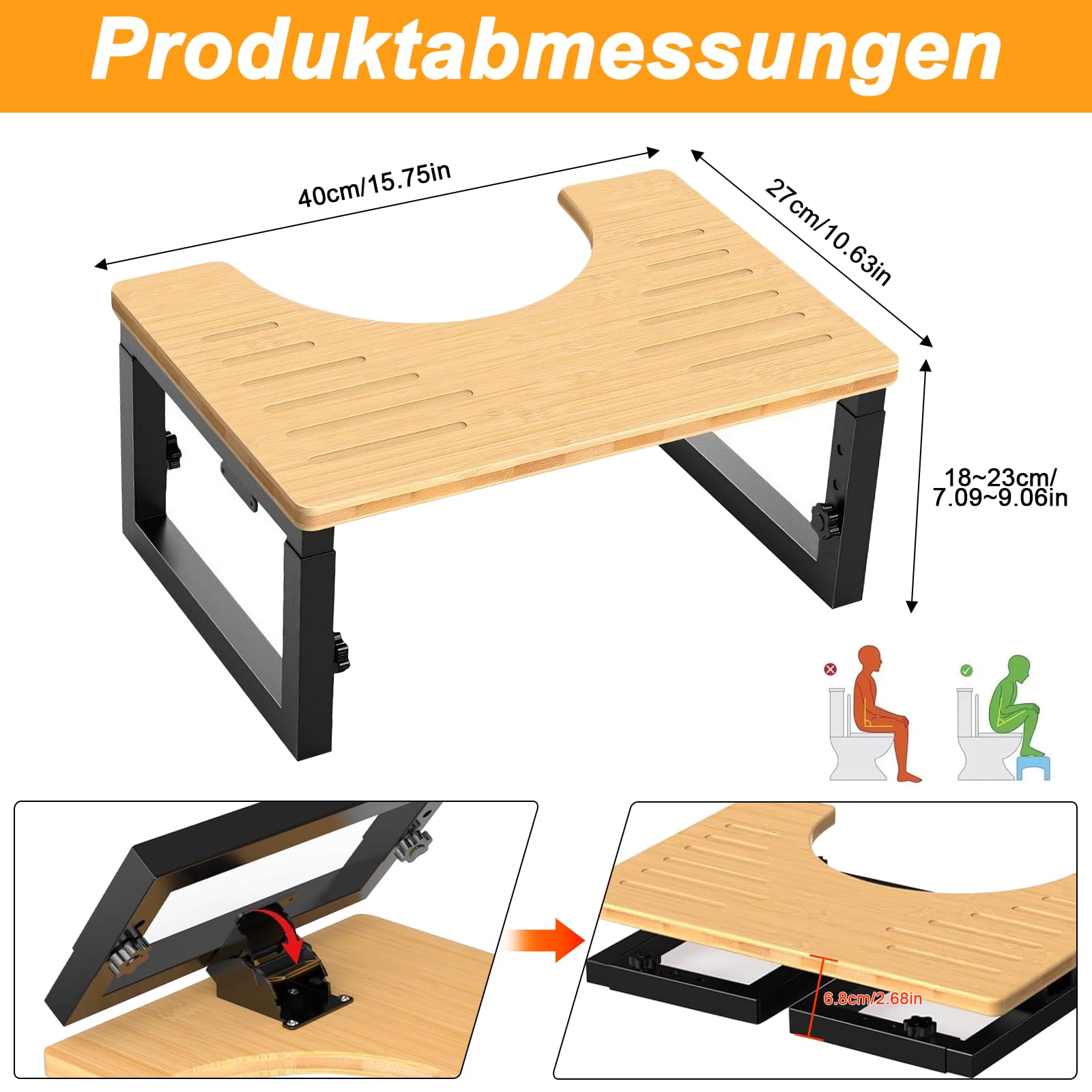 Klappbarer Toilettenhocker aus Holz, Klohocker Hö henverstellbar, Tragbarer WC Toiletten Hocker mit Rutschfester Matte, Kackhocker für Kinder, Erwachsene, Hilfe beim Stuhlgang