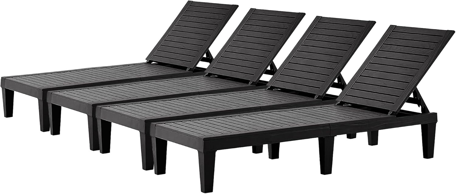 EUNHOO Chaise Lounge Outdoor Set of 4,Adjustable Pool Lounge Chair with 5 Positions Backrest, Waterproof Sun Loungers for Garden Pool Beach Patio Deck Sunbathing.Black