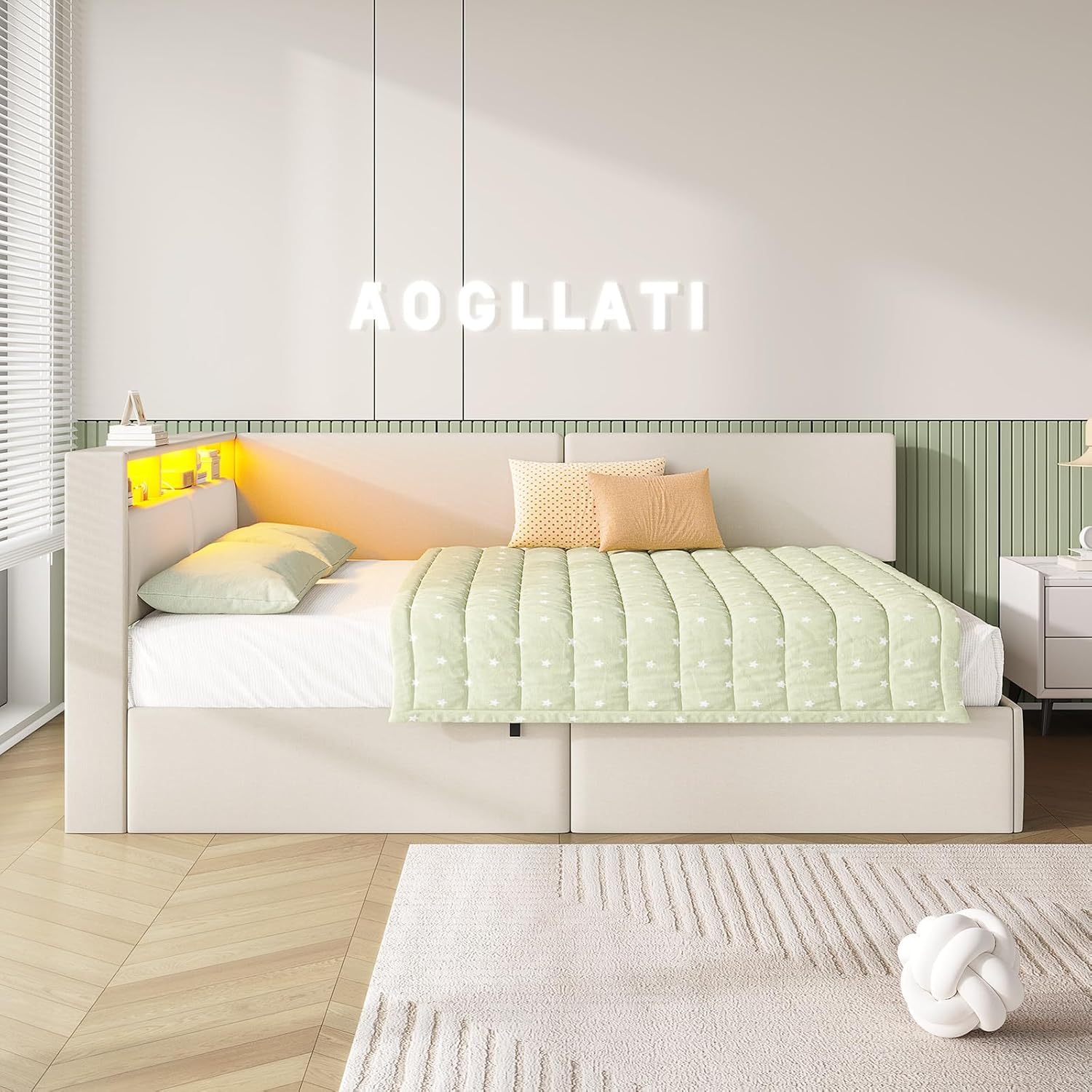 AOGLLATI Canapé 140x200 cm con Almacenamiento Hidráulico, Sofá Cama Matrimonio con Cabecero Tapizado y Luz LED Regulable, Estructura Camas Matrimoniales con Estación de Carga, Cama Juvenil, Beige