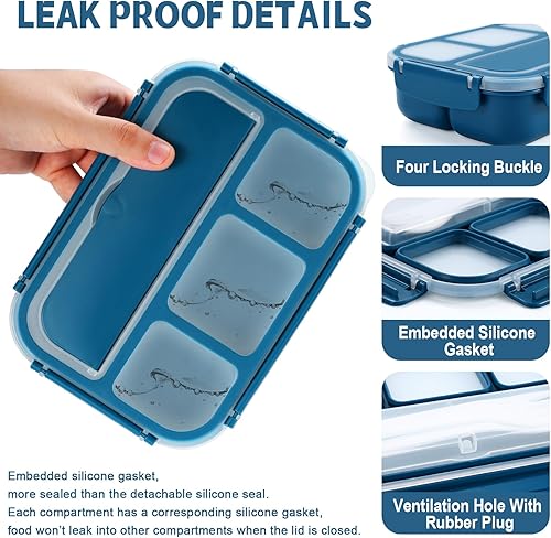 Vista 25 de Lonchera Bento para adultos, recipientes para niños y niñas con 4 compartimentos, contenedor de alimentos con utensilios, tarro de salsa, forros