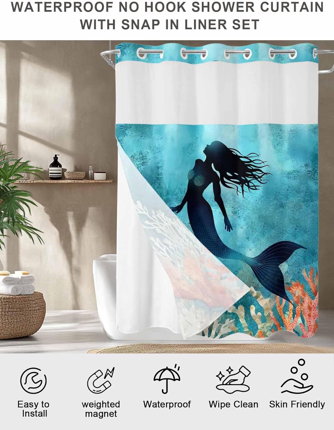 No Hook Shower Curtain with Snap in Liner, Watercolor Mermaid Silhouette Coral Shower Curtains for Bathroom Bath Curtain with See Through Top Window Undersea World