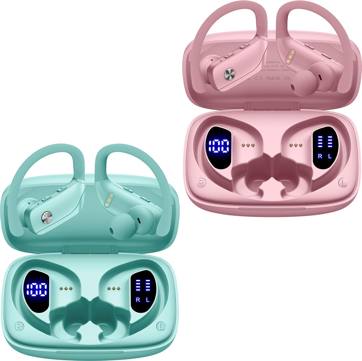 2 Sets Wireless Earbuds Bluetooth Headphones 48hrs Play Back Sport Earphones with LED Display Over-Ear Buds with Earhooks Built-in Mic Headset for Workout Mint Green+Purple