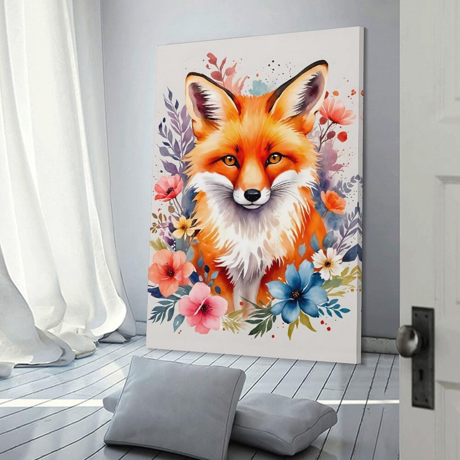 Junmoney Frame-Style-6 Canvas Art Print Fox Flowers Watercolor, 24X36inch(60X90cm), For Office, Study Or Home Workspace, Wall Art That Adds Style To Work Areas