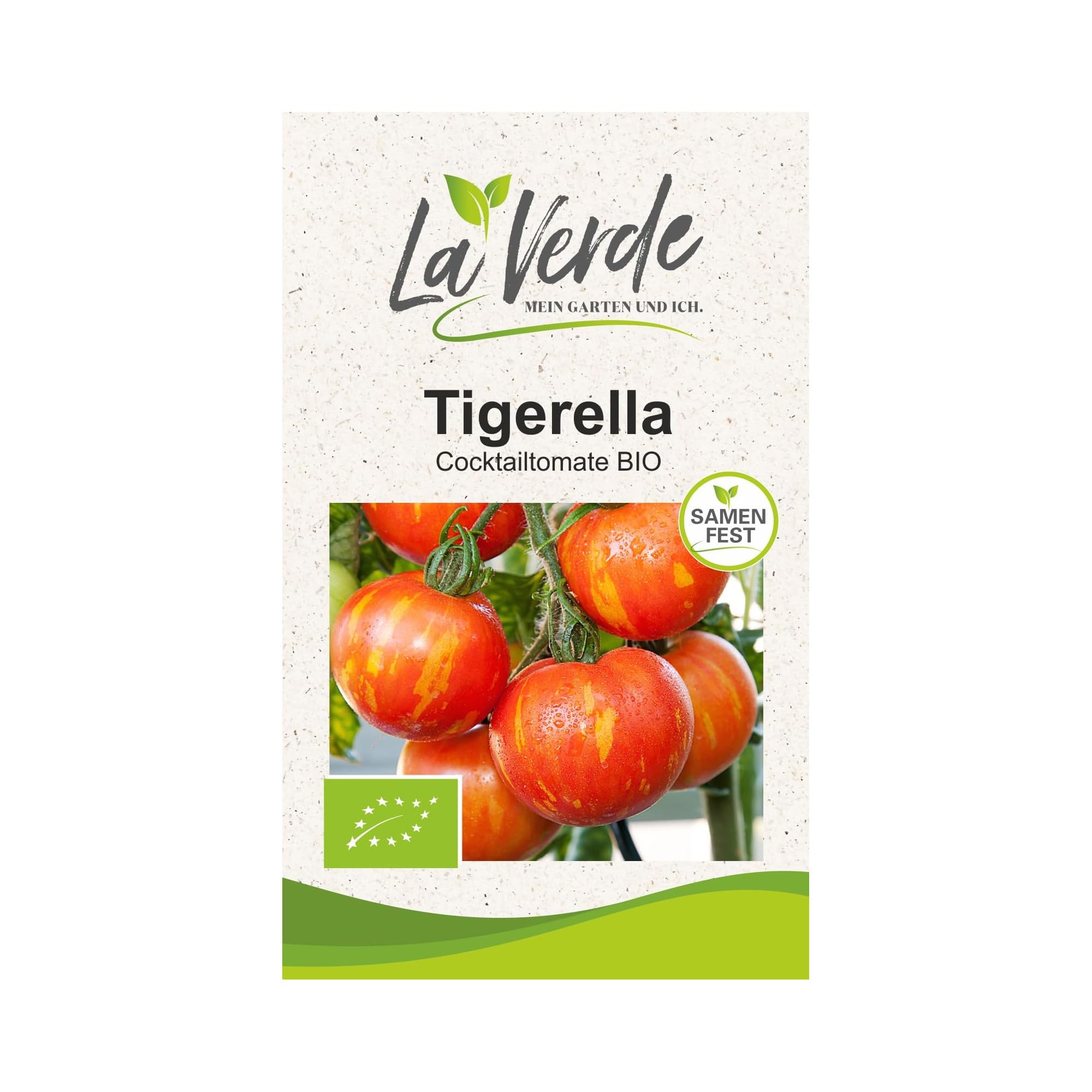La Verde MEIN GARTEN UND ICH. Tigerella BIO Tomatensamen für ca. 8–10 Pflanzen, robuste Salattomate, gestreifte Früchte, Saatgut ohne Gentechnik
