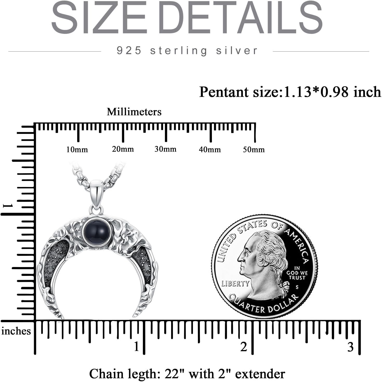 Moon Necklace 925 Sterling Silver Black Obsidian Crescent Moon Pendant Jewelry for Men, w/Stainless Steel Chain 22''+2'' - Image 4