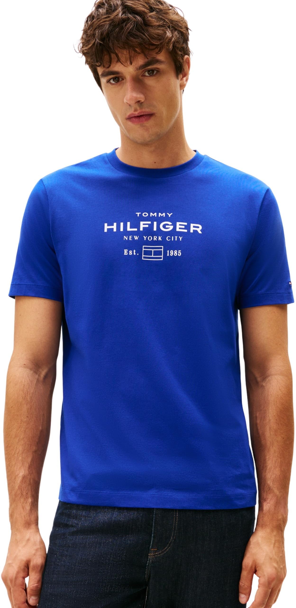 Tommy Hilfiger Men’s Short Sleeve Round Neck Stack Graphic T-Shirt, Blue (Wedge Blue), XS