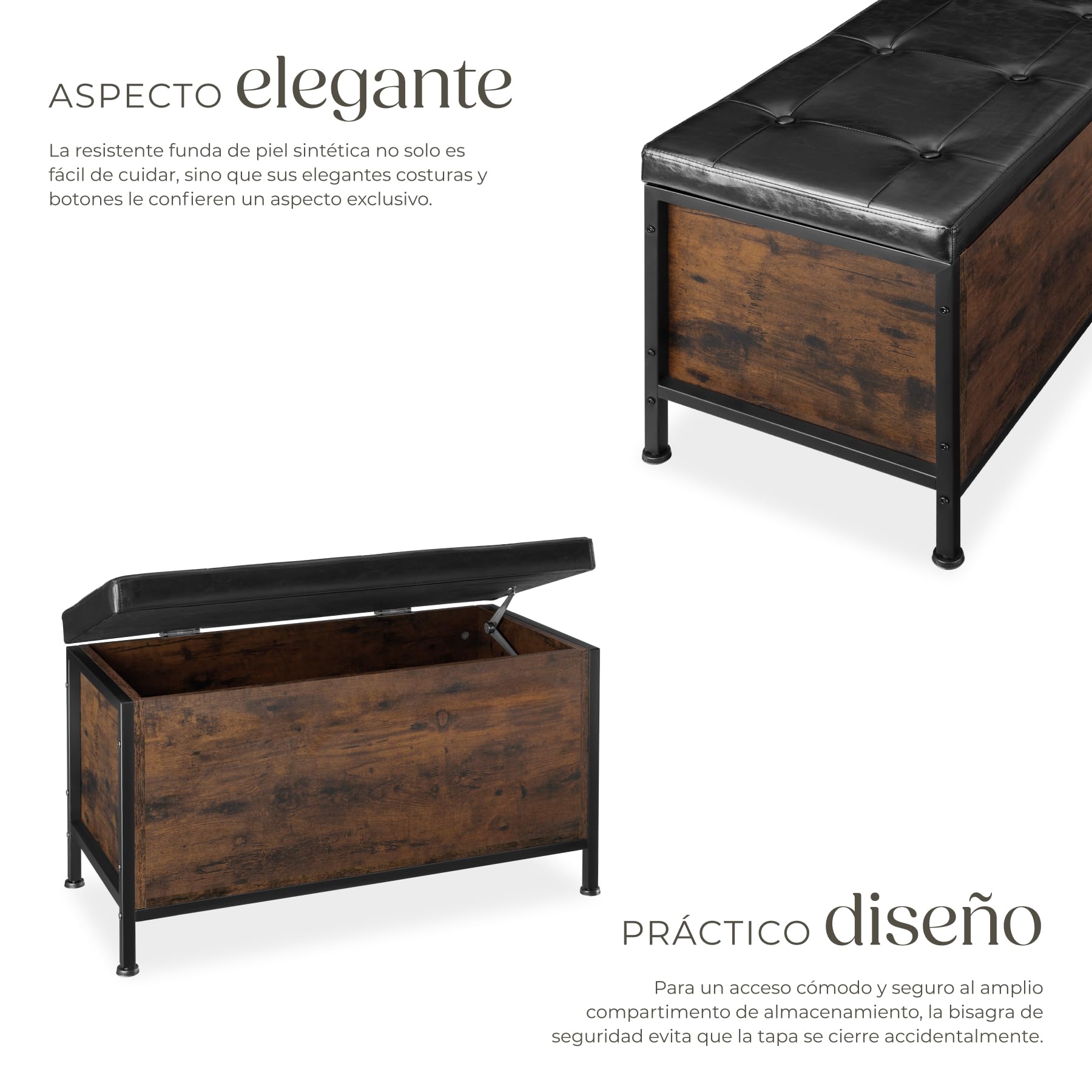 tectake® Arcon Acolchado Estilo Industrial, Puff Almacenaje, Baul Almacenaje Dormitorio, Mueble Salon, Decoracion Habitacion - 81,5 x 41,5 x 50,5 cm Madera Industrial Oscura, Rústica
